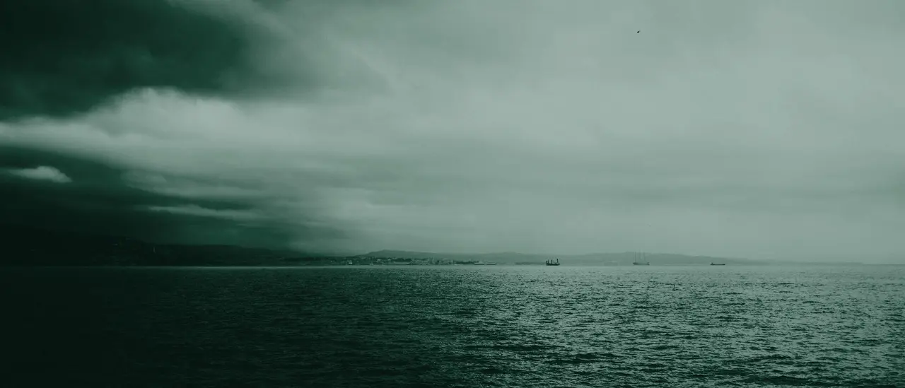 Mare aperto sotto un cielo temporalesco, con la costa e alcune navi all’orizzonte, in bianco e nero