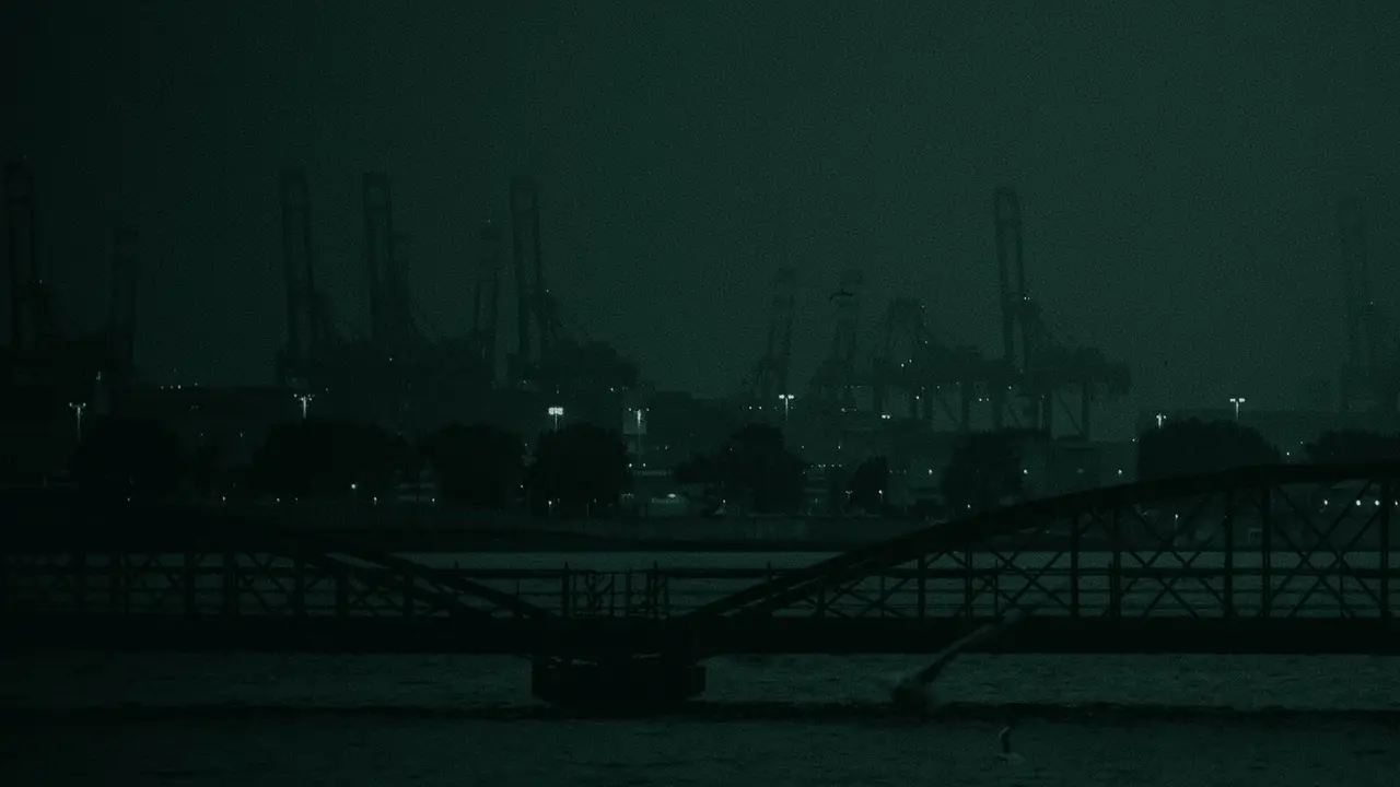 Gru portuali nella nebbia dell'ora blu dietro un ponte in acciaio